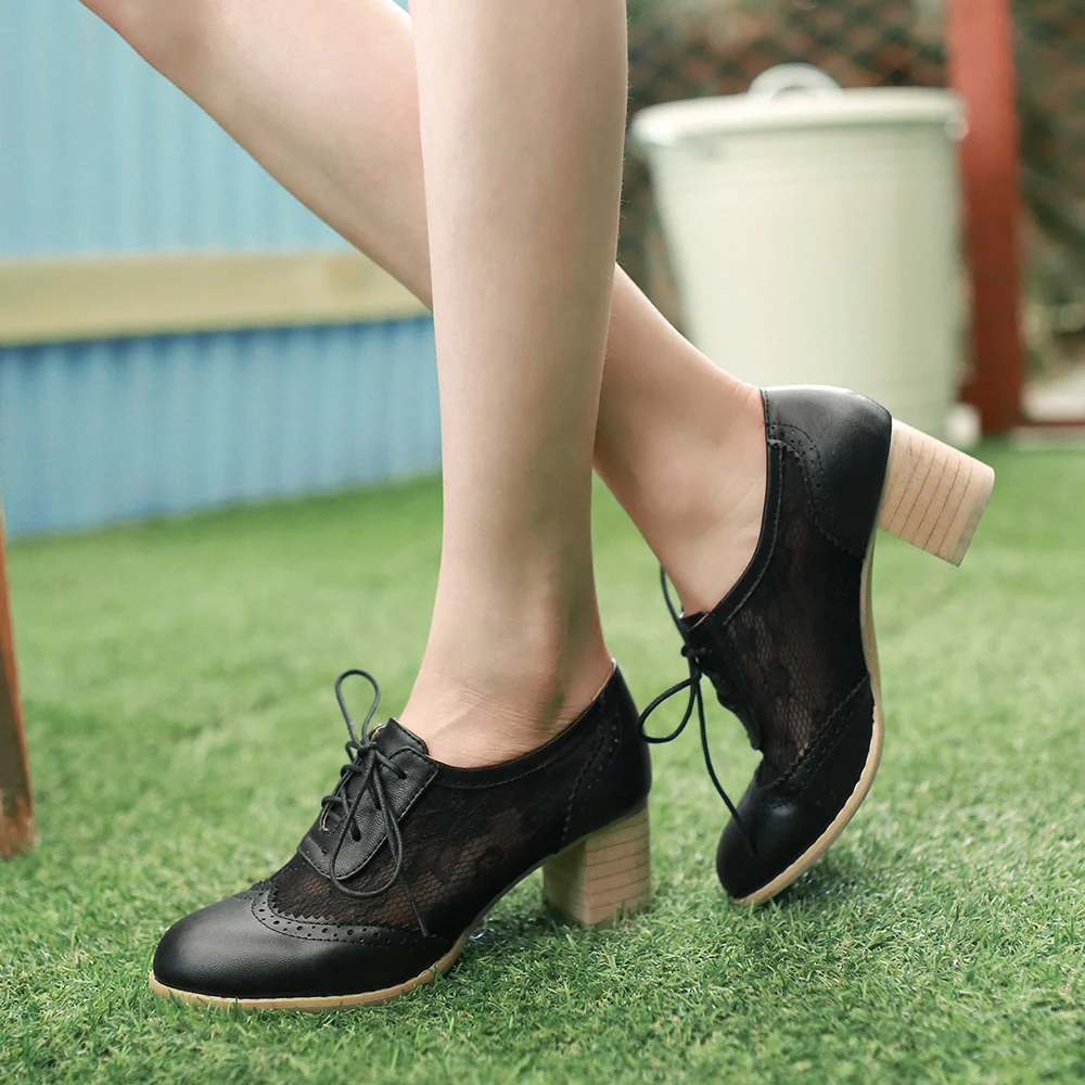 2023 New Women Lace Mesh Breathable Pumps Shallow Brogue Shoes Ladies Vintage Oxford Shoes Lace-Up Chunky High Heels Female34-43