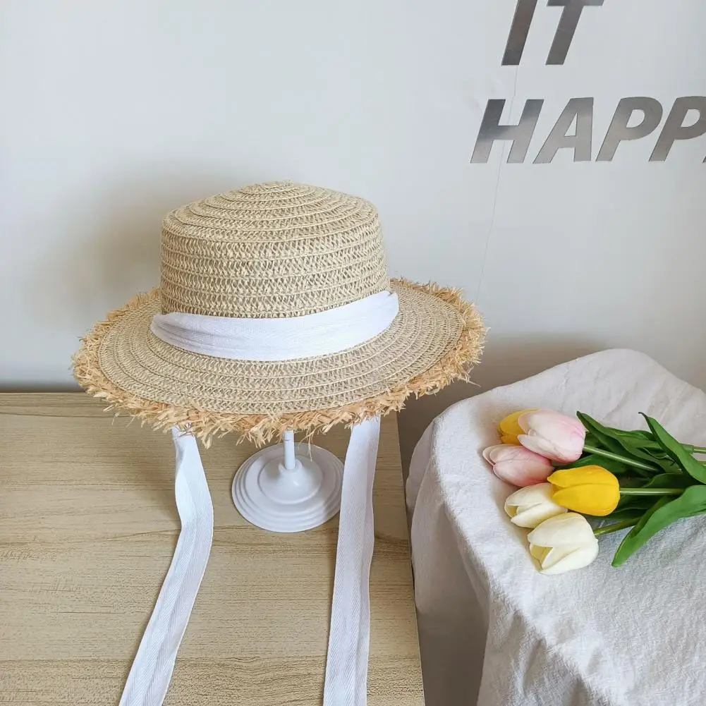 

Trendy Women Summer Cap Contrast Color Flat Top Ripped Edge Bow-knot Lady Straw Hat Manual Braided Women Sunhat for Adult