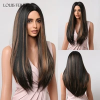 louis ferre long black brown mixed synthetic wigs brown highlight straight wig for women natural daily use heat resistant fiber