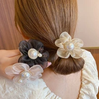 korean glitter yarn ribbon sunflower head rope luxury imitation pearl elastic hair bands rhinestone hair ring girl hair jewelry