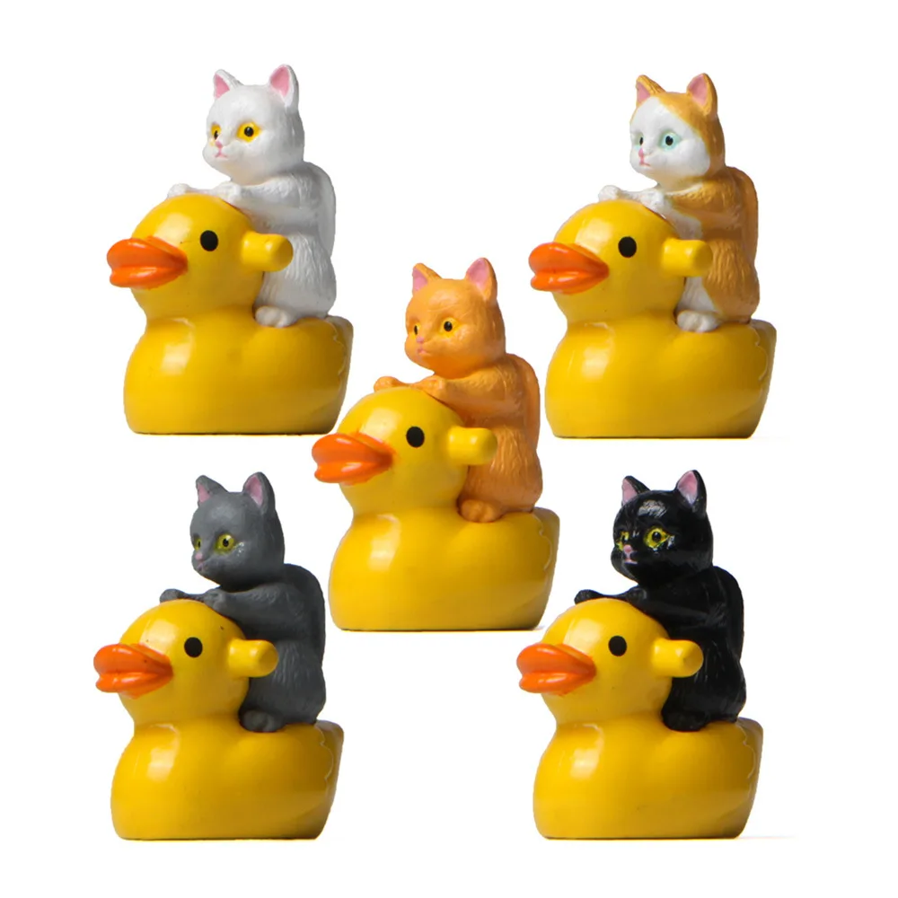 1Pc Cat Sitting on Duck Figures Mini Kitten Home Garden Landscape Decor PVC Figurine Miniature Toy