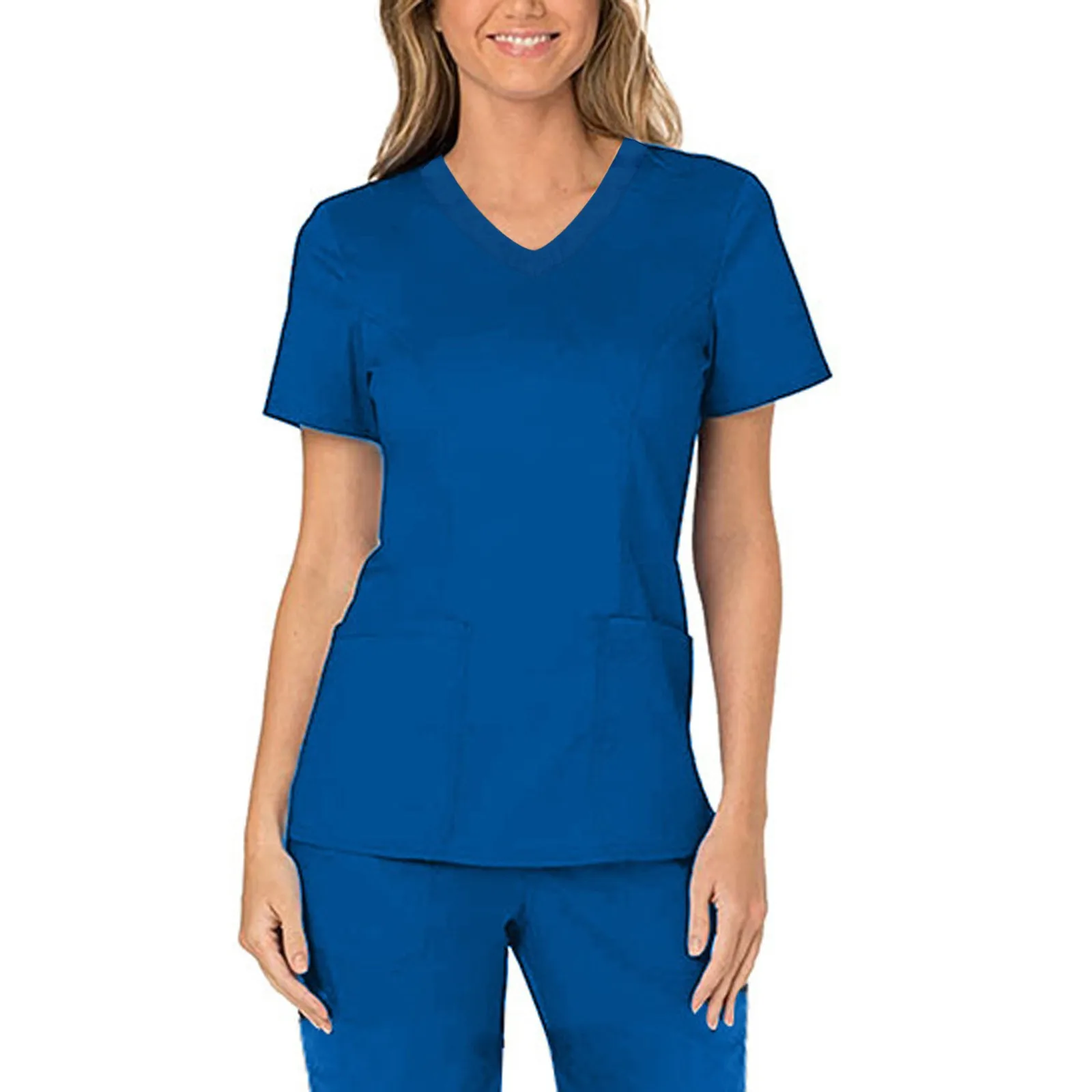 

Solid Color Nurse Uniform Clinic Blouse Tops Women Short Sleeve Working Nursing Uniform Pocket Care Blouse Uniforme Workers Tops