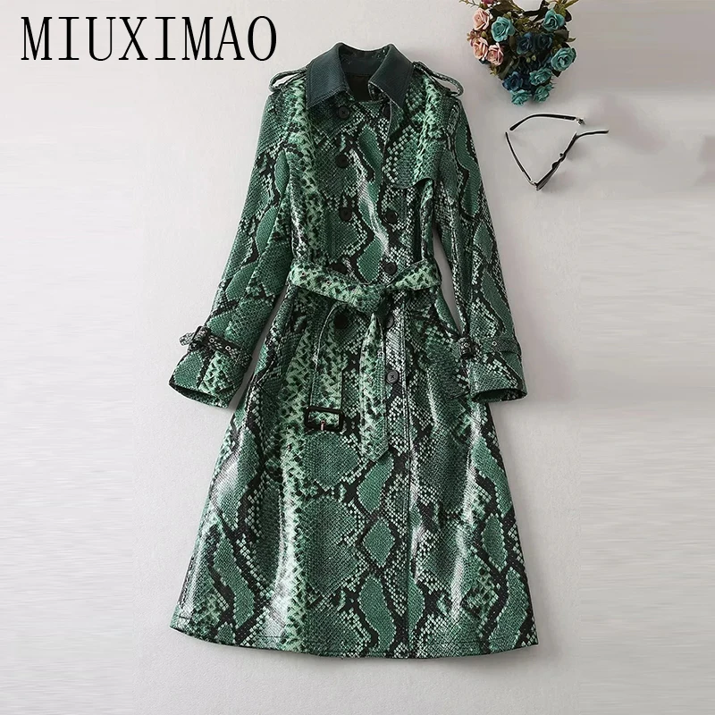 

MIUXIMAO 2023 High Quality Spring&Summer Elegant Coat Long Sleeve Lapel Double Leopard Belt Breasted Fashion Coat Women Vestides