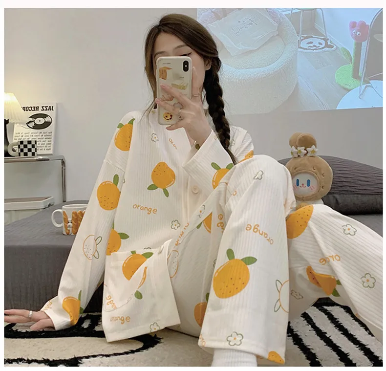 Yasuk Spring Autumn Fashion Women's Casual Soft Cotton Sleepwear Homewear Pajamas Set With Pants Orange Print