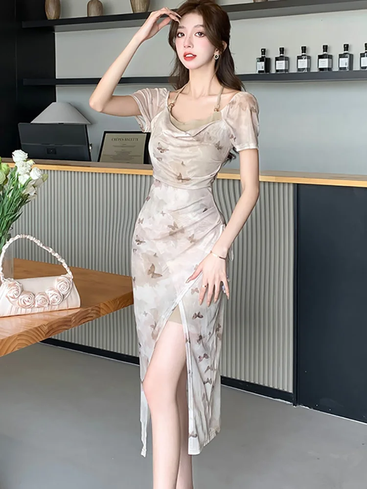 Женское длинное пляжное платье с принтом элегантное облегающее в Корейском