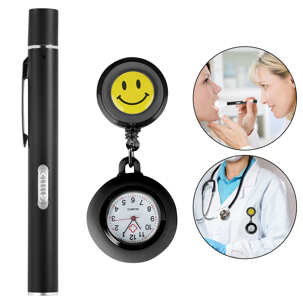 Nurse Watch for Women Hanging Pocket Watch Cute Smiling Clip-on Fob Brooch Quartz Clock with Led Pen Light Medical Gift Set