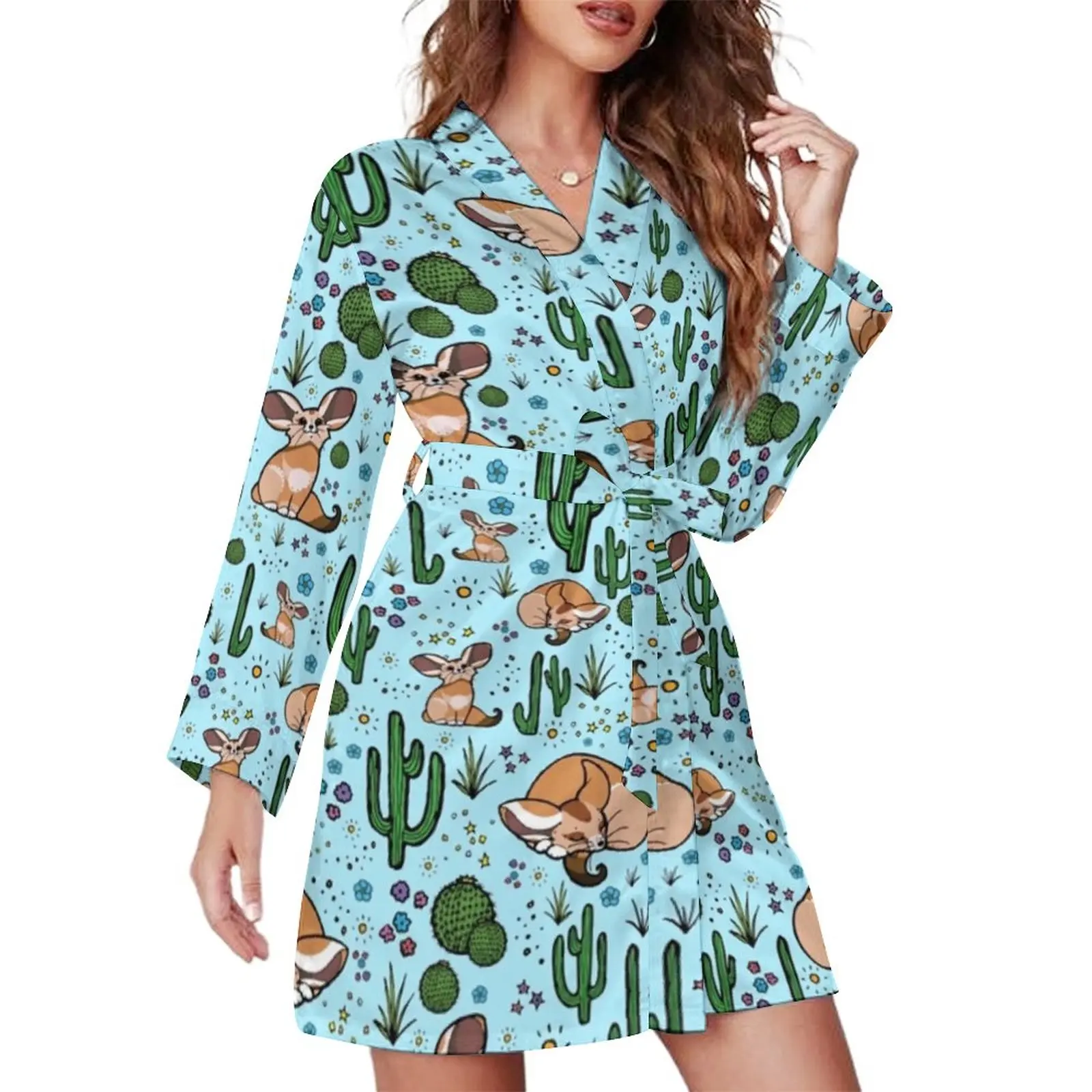 

Cute Fennec Fox Pajama Robe Cactus Desert Print Long-Sleeve Elegant Pajamas Robes Woman V Neck Bedroom Nightgown Graphic Dresses