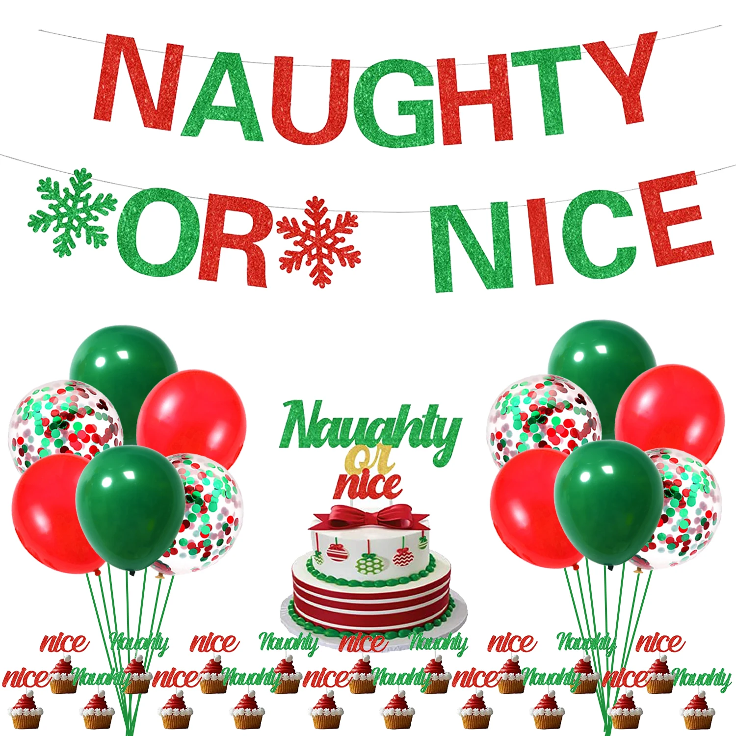 

JOYMEMO Naughty or Nice Christmas Decoration Red Green Balloons Snowflake Banner Cake Topper for Baby Shower Gender Reveal Party