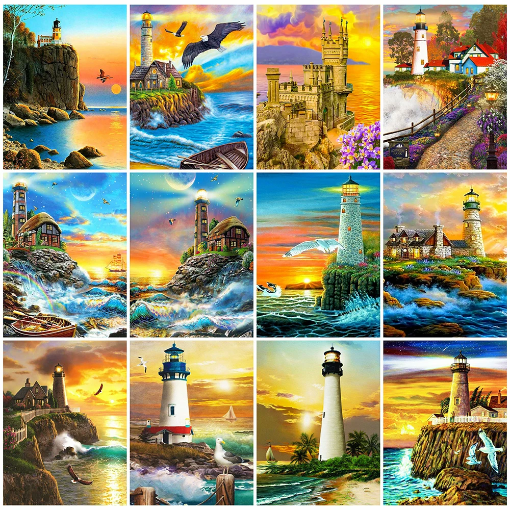 

AZQSD Diamond Mosaic Lighthouse Cross Stitch 5D Diamond Embroidery Landscape Rhinestones Painting Sunset Seaside Handmade Decor