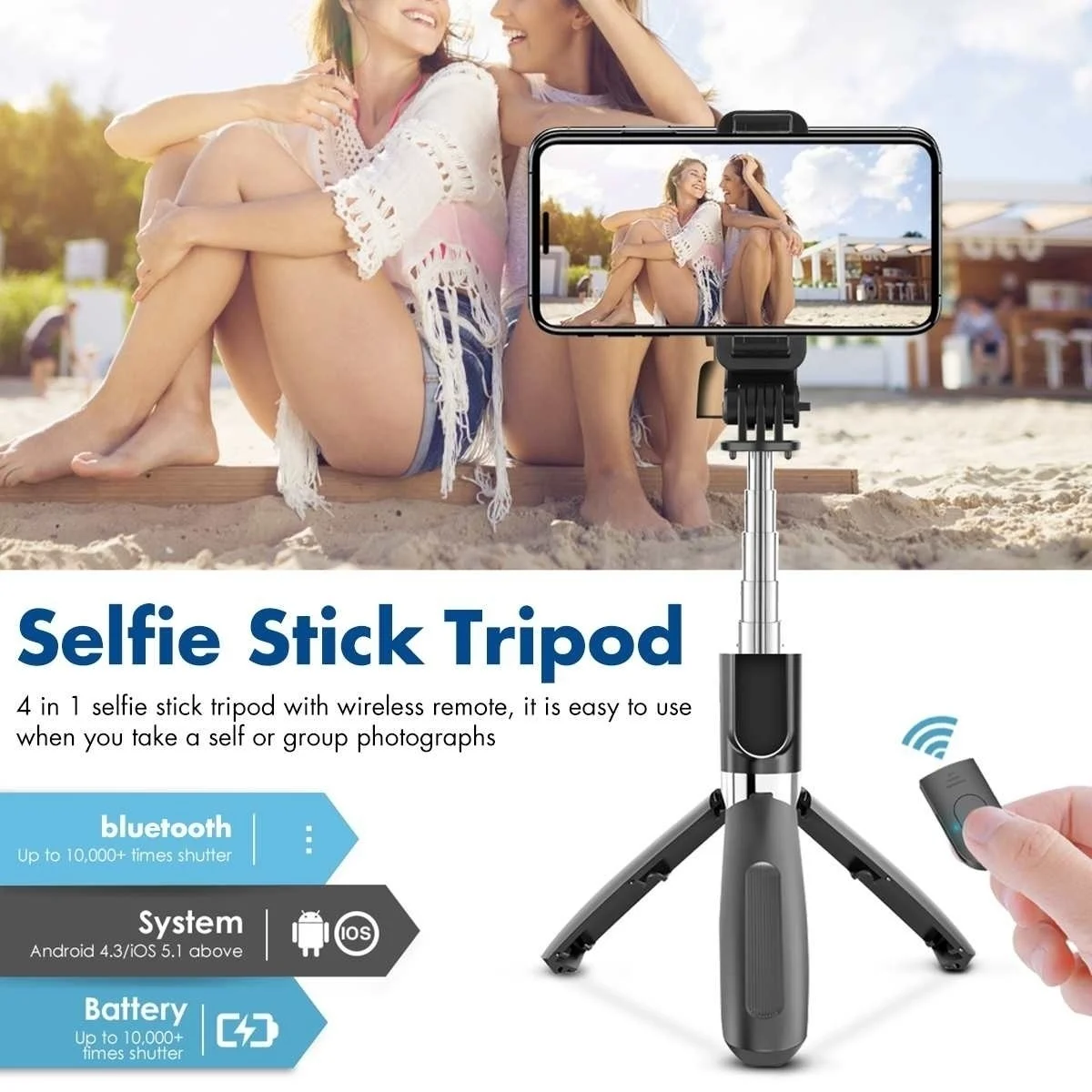 

4IN1 NEW bluetooth Wireless Selfie Stick Mini Light Tripod Extendable Monopod with Remote shutter For IOS Android phone Camera