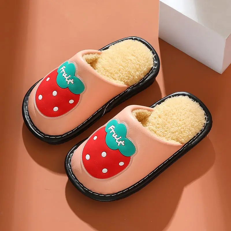 Boys Girls PU Leather Slippers Waterproof Non-slip Kids Home Slippers Winter Plush Warm Child Indoor Cotton Slides Baby Shoes