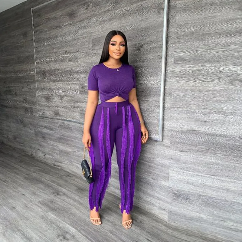 Casaul Women Tracksuit Two Piece Set Shirt + Long Pants Tassel Short Sleeve Drawstring Solid Color High Streetwear Clothes