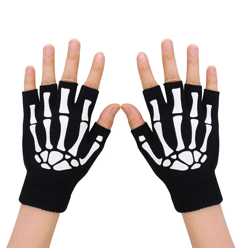

Adult Warm Knitting Gloves Acrylic Half Finger Glove Human Skeleton Head Gripper Print Non-slip Wrist Gloves Halloween Gift