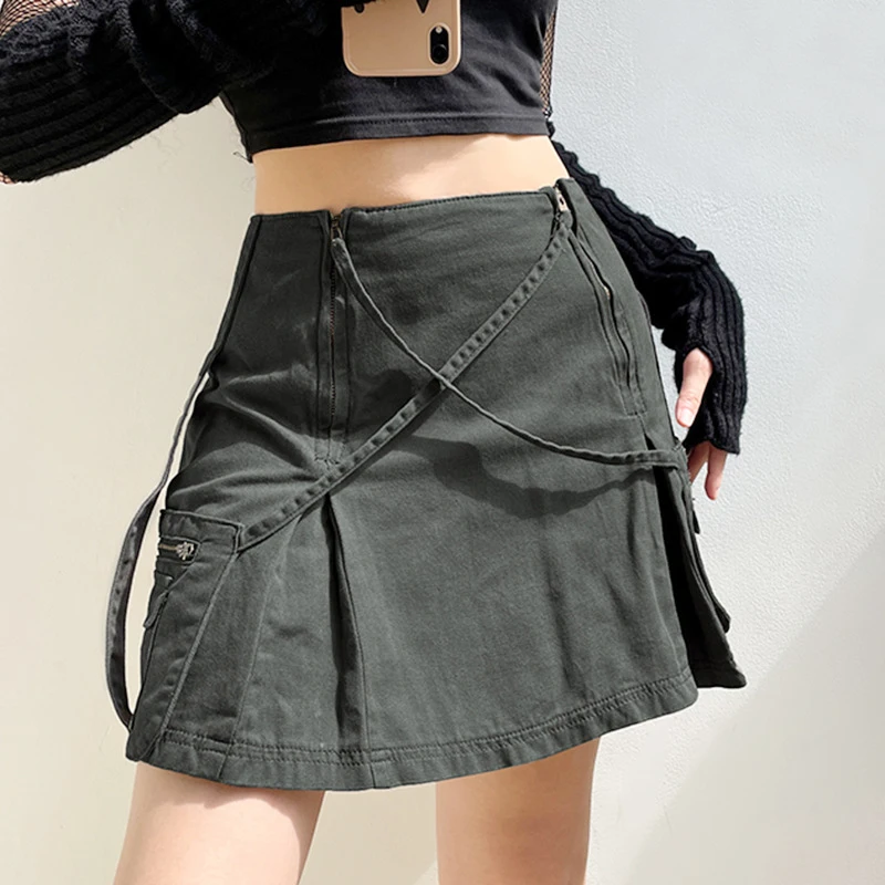 

Women Fashion Wild Cargo Skirts Solid Color Metal Zipper Pocket High Waist A-line Skirts Y2K Summer Workwear Short Skirts