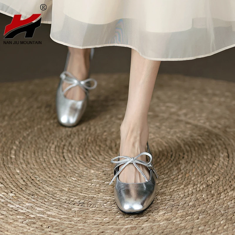 

2022 Bow-Knot Flat Shoes Mary Jane Shoes Women Square Toe Single Shoes Solid Color Rear Strap
