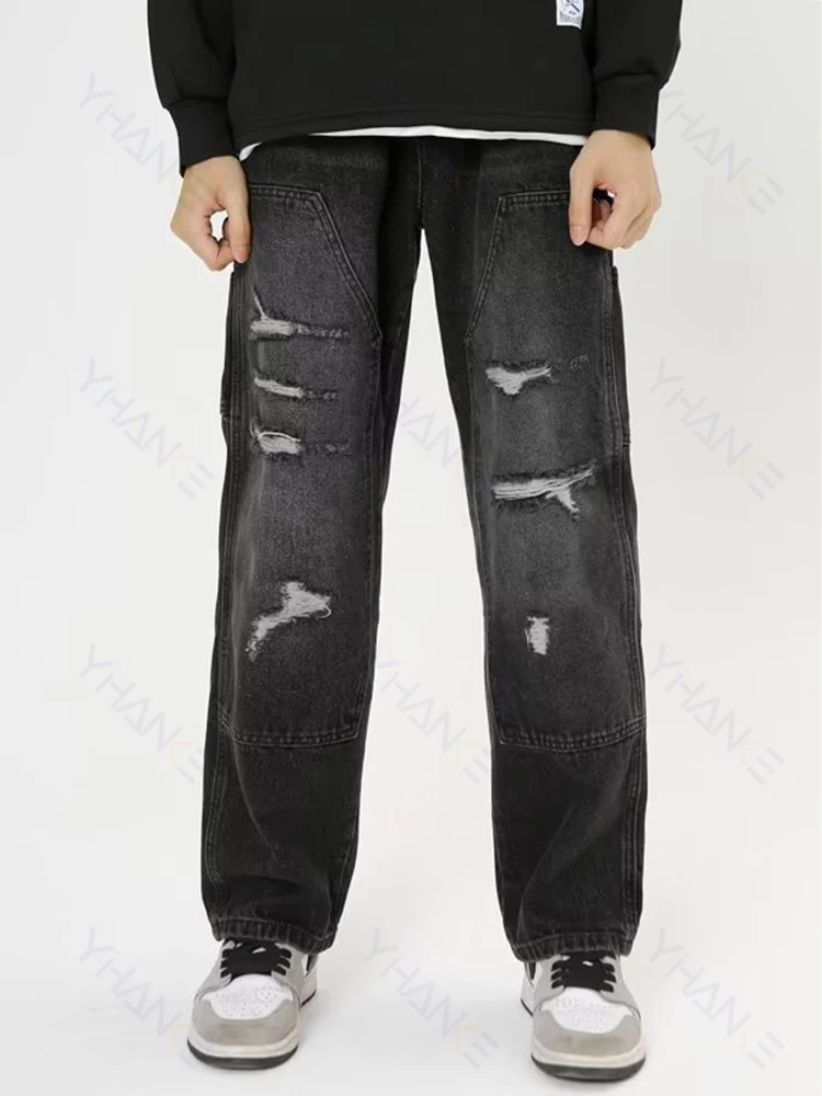American Street Clothing Retro Trend Y2K MEN Jeans Casual Pants Loose Solid Color Casual Jeans Ripped Jeans Pants Men Denim