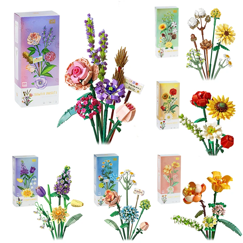 

Букет цветов, 3D модель, строительный блок, игрушка, хризантема, роза, цветок в сборе, кирпич с бумажными инструкциями, подарки для девочек