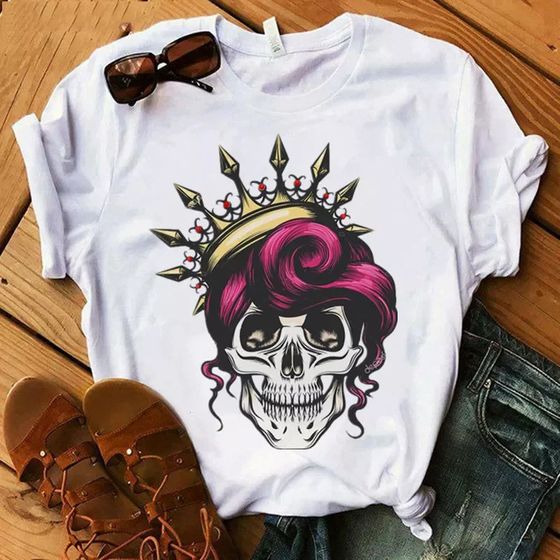 

2022NEW Crown Skull Funny Print T shirt 2020 Fashion Summer O Neck 90S Clothes Girl Casual Short Sleeve Printed Clothes,Drop Shi
