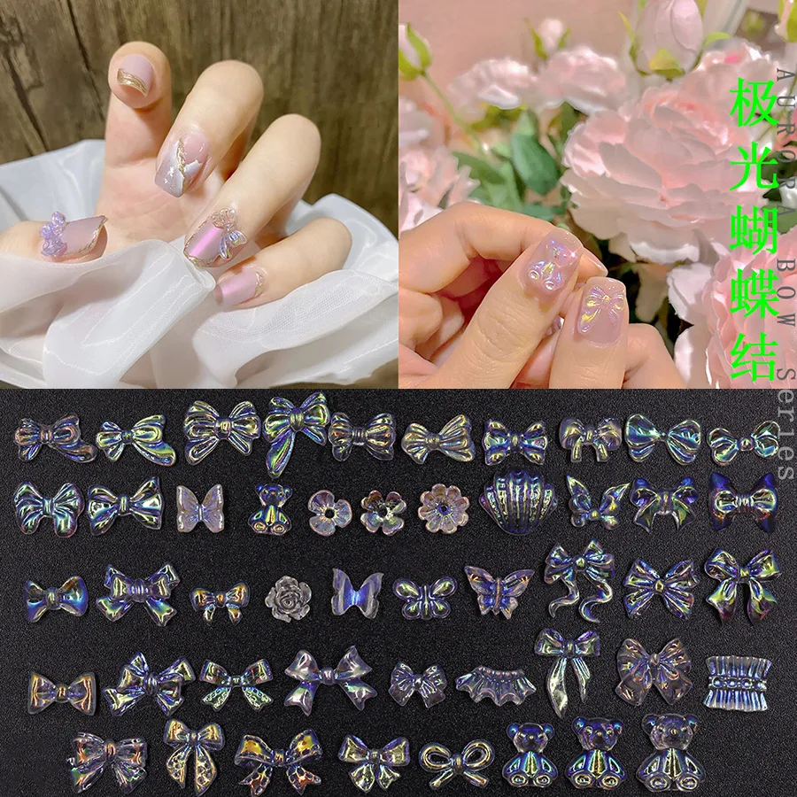 

100PCS AB Glitter Translucent Aurora Various Butterfly Bowknots Rose Nail Art Rhinestones Jewelry Decorations Manicure Charms