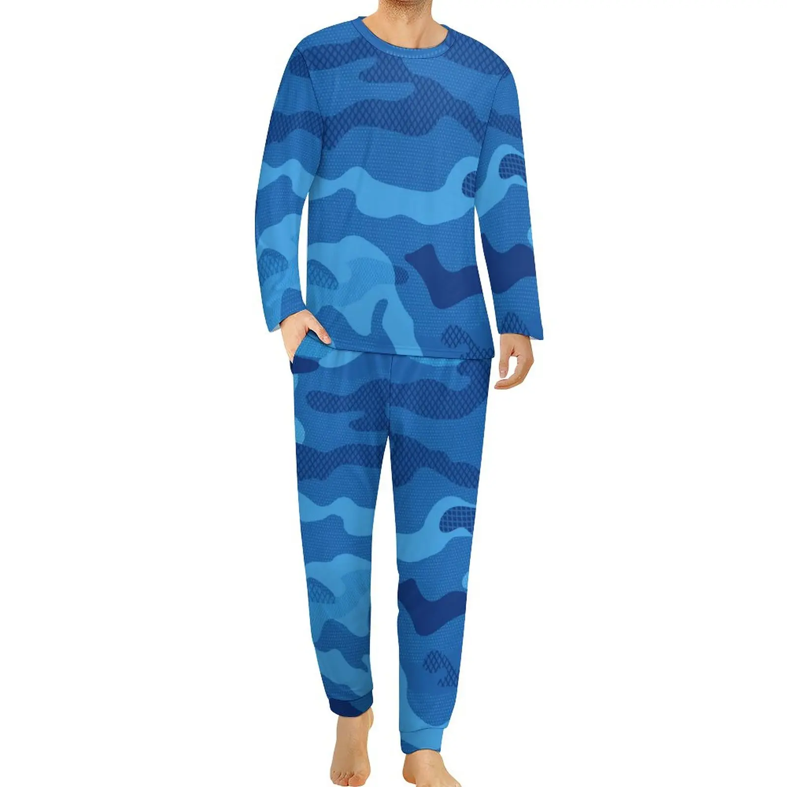 

Blue Camouflage Pajamas Spring 2 Piece Military Navy Camo Kawaii Pajamas Set Male Long Sleeve Casual Graphic Nightwear 4XL 5XL