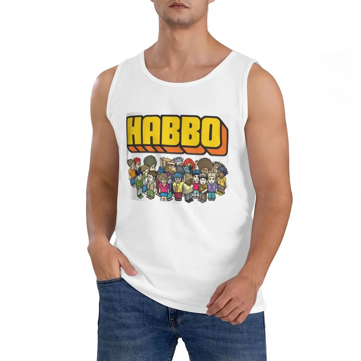 Фото Мужская спортивная майка из 100% хлопка Game Habbo Hotel, без рукавов, с круглым вырезом, для тренировок №1