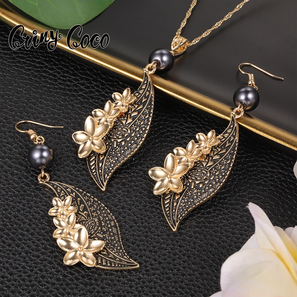 

Cring Coco Gold Plated Leaf Flower Necklace Pendant Earrings Set Hawaiian Samoan Pearl Jewelry Sets For Women Party Accessories