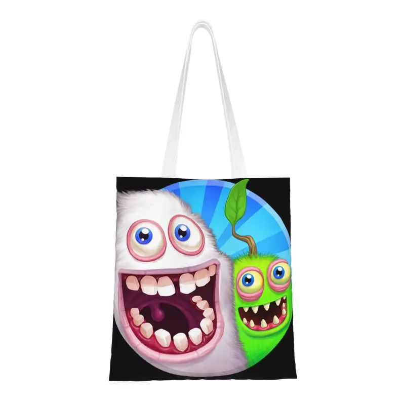 

Custom My Singing Monsters Canvas Shopping Bag Women Reusable Grocery Adventure Video Game Tote Shopper Bags