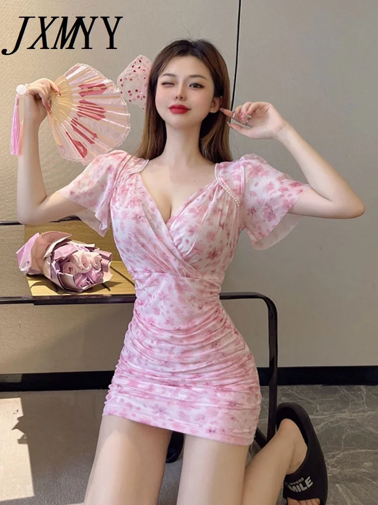 

JXMYY, Новинка лета 2022, модное розовое Милое сексуальное Сетчатое Плиссированное Платье с V-образным вырезом, облегающее платье с коротким рук...