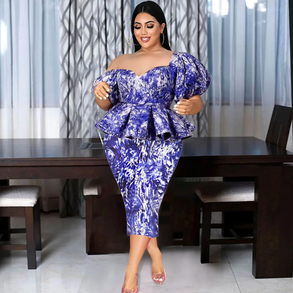 

Short Puff Sleeve Square Collar Blue Peplum Midi Dress Tie Dye Print Office Ladies Slim Bodycon Dress 2022 Women Pencil Dress
