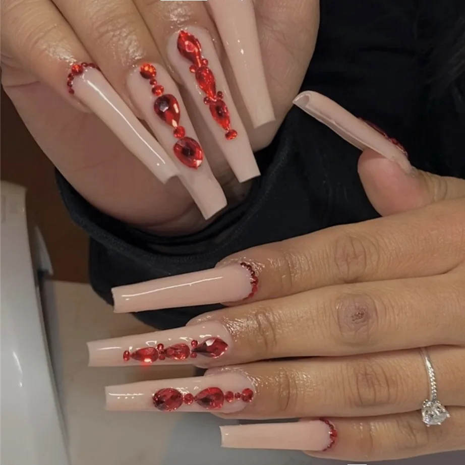 

Red Rhinestone Glitter Press On Nail Coffin Long Fake Nail With Glue 24Pcs/Set Detachable French False Nails Tips Art Manicure