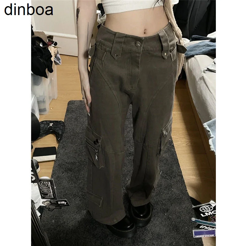 

High Street Vintage Pocket Cargo Pants Woman Oversized Street Top Girl High Waisted Jeans Loose Casual Street Style Solid Jeans