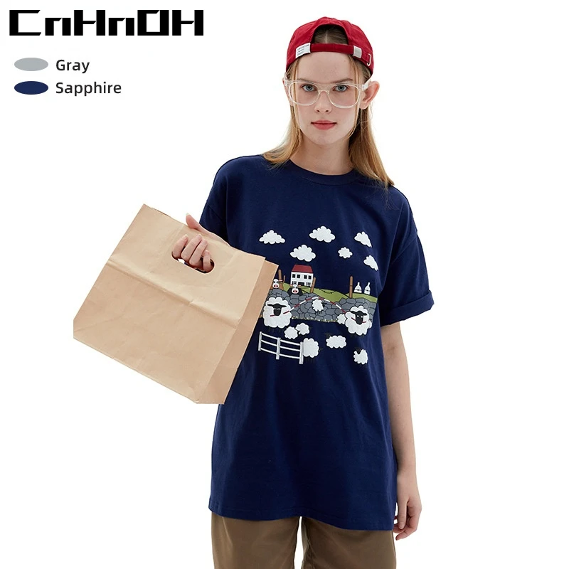 CnHnOH Retro College Style Sheep Short-sleeved Couples T-shirt Women Trend Couple Tops Niche Design Half-sleeve