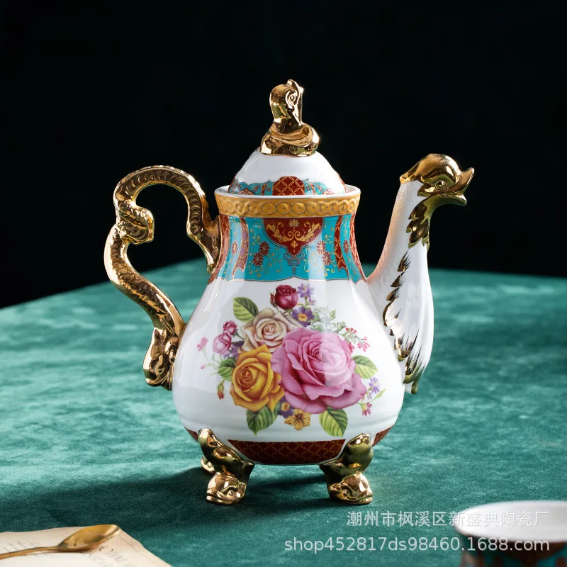 European style coffee utensils with blooming flowers wealth and prosperity large plates sugar pot milk golden dragon an
