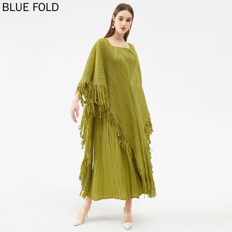 

Summer New Square-neck Dress Women's European and American Tassel Loose Large-swing Long Dress Women MIYAKE PLEATS Ropa Mujer