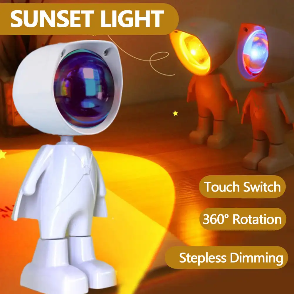 Astronaut Robot Rainbow Projection Sun Lamp Rechargable Table Night Light Sunset Lamp Infinite Dimming Bedroom Atmosphere Light