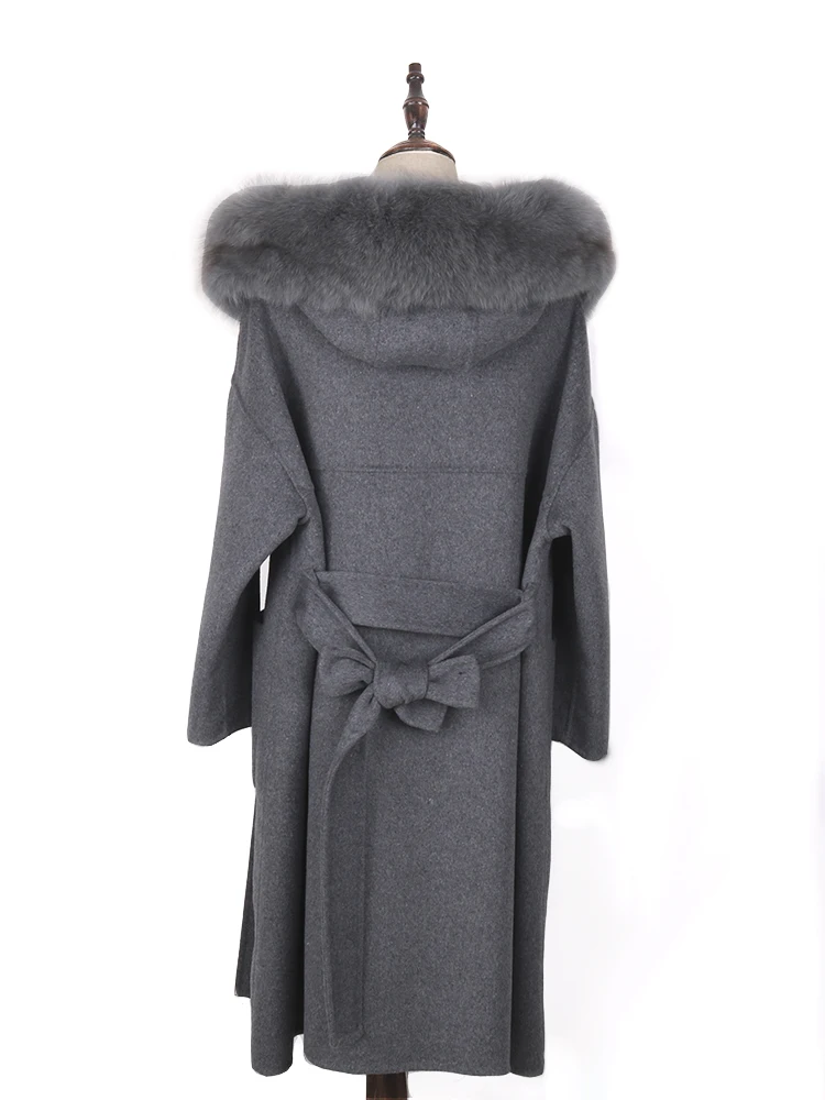 Lavelache 2023 Real Fur Coat Winter Jacket Women Natural Fox Fur Collar Cashmere Wool Blends Long Outerwear Ladies Streetwear