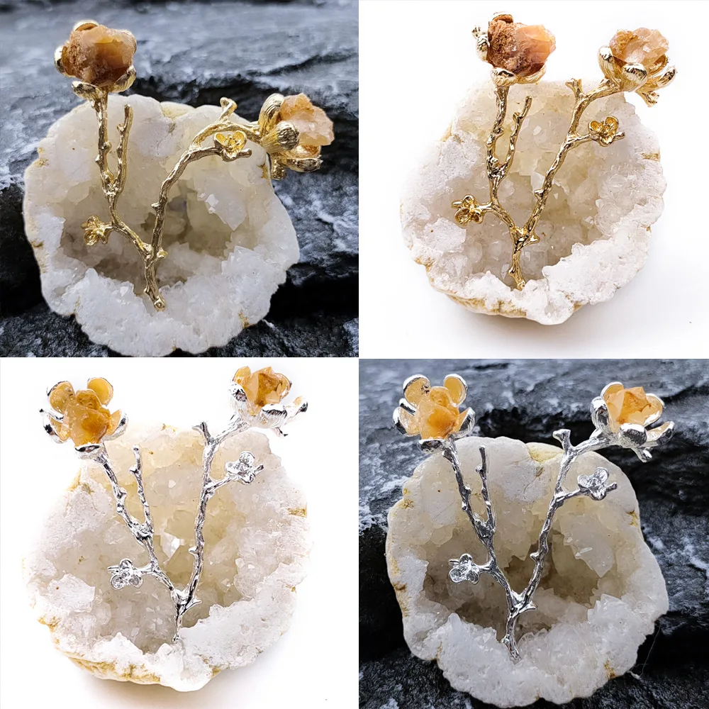 Natural Agate Geode Flower Branch Inlaid With Amethyst Yellow Crystal Tourmaline Small Raw Stone Ornament Soft Decoration Crafts