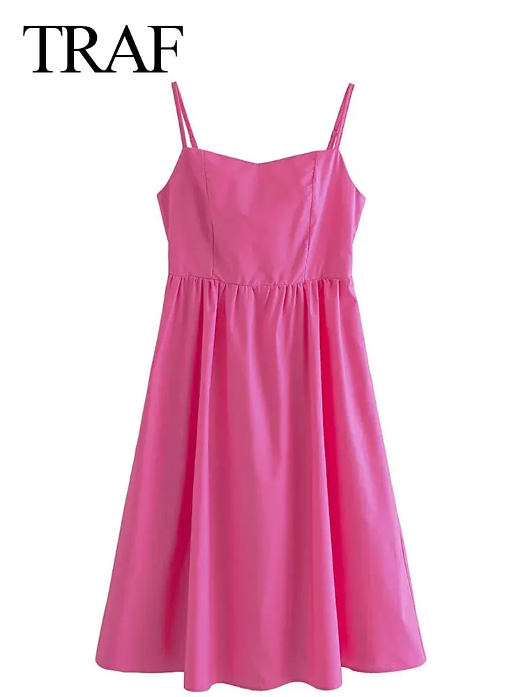 

TRAF Summer Dress Suspenders Tube Top Sleeveless Backless Elastic Slim Zipper Big Swing Skirt Solid Color Sweet Girl Style Women