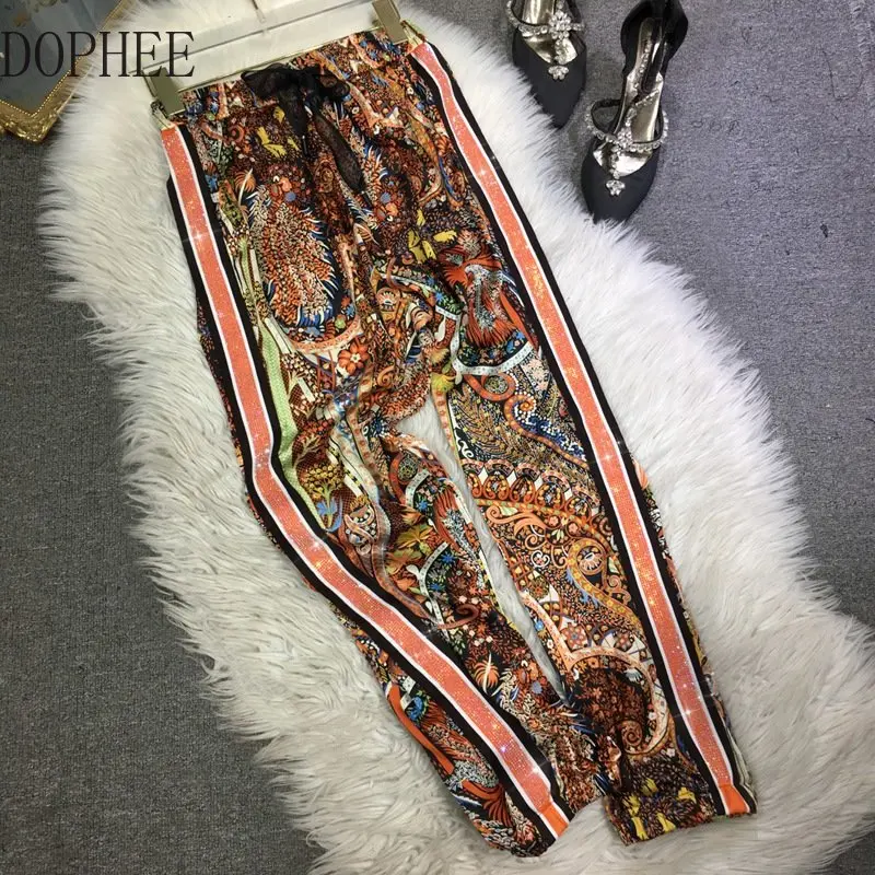 Side Hot Drilling Woman Long Trousers 2023 New Summer Large Size Elastic Waist Harem Pants Multicolor Printing Cool Pants Casual