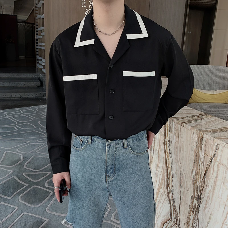

2022 Spring Contrast Stitching Men's Shirts Korean Loose Shirt Fashion Lapel Streetwear Social Party Tuxedo Blouse Male Clothing