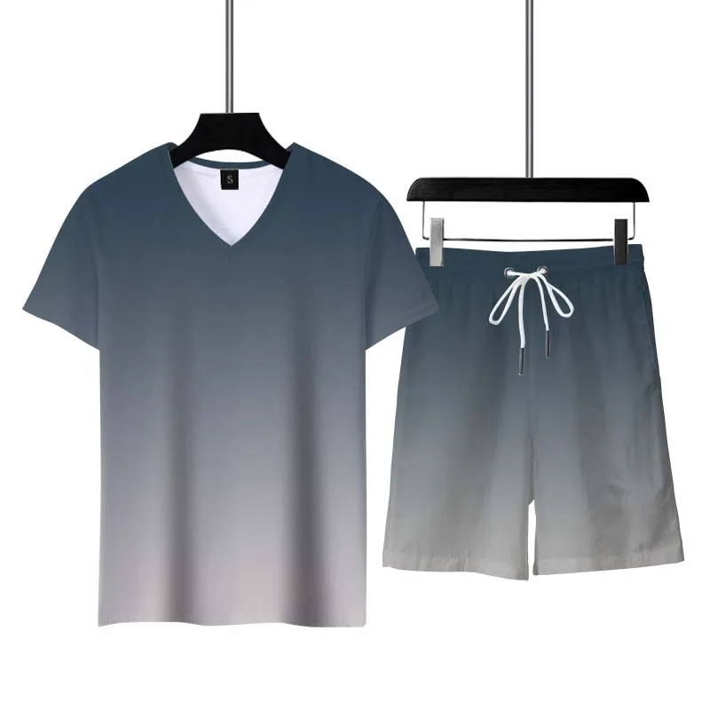 Summer New Men's Tracksuit 2 Piece Set Gradient Sets Mens Outfits Fashion T-shirt Suit Casual Short Sleeve Top Unisex Sportswear