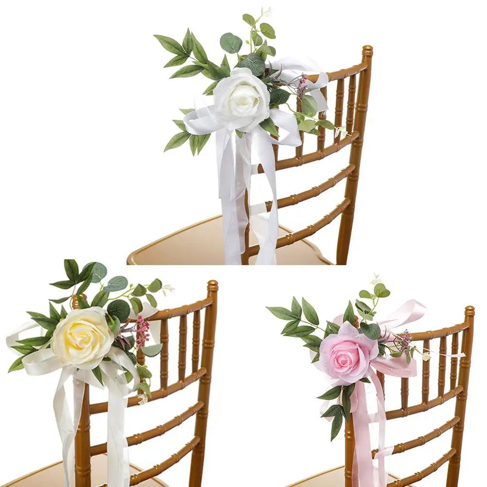 

10pcs Artificial Chair Back Flower Party Decor With Artificial Flowers Leaves Ribbons For Wedding Aisle Decorations