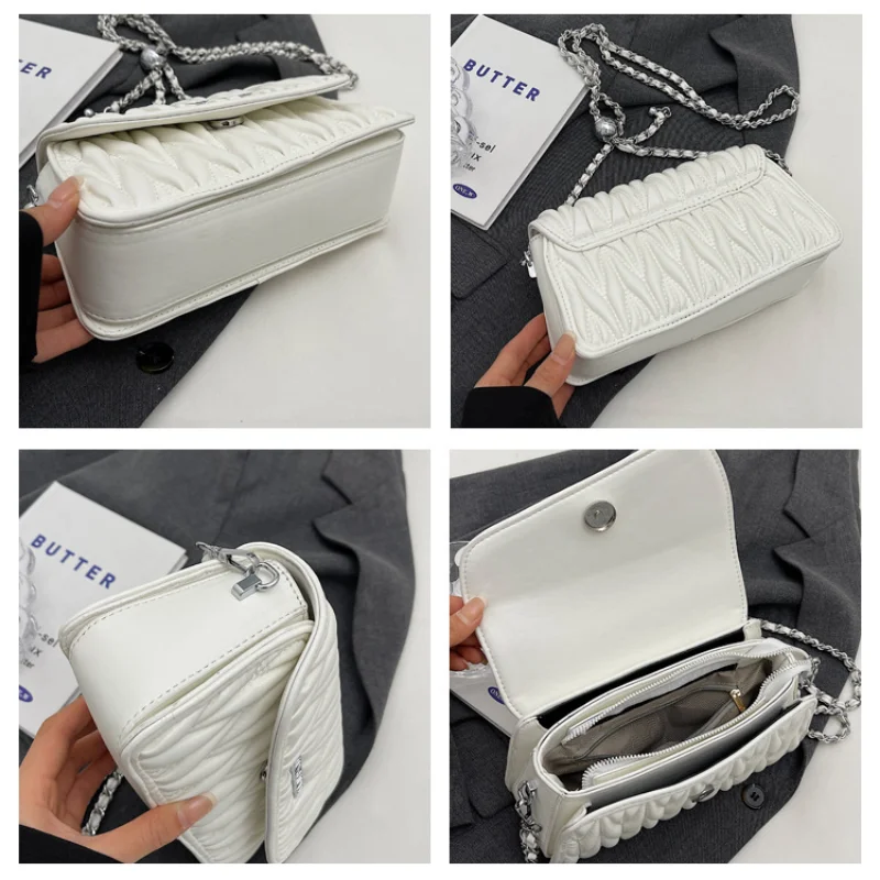 Luxury Pleated Chain Crossbody Bags for Women Pu Leather Shoulder Underarm Square Cute Lady Fashion Handbag Purse Summer Travel