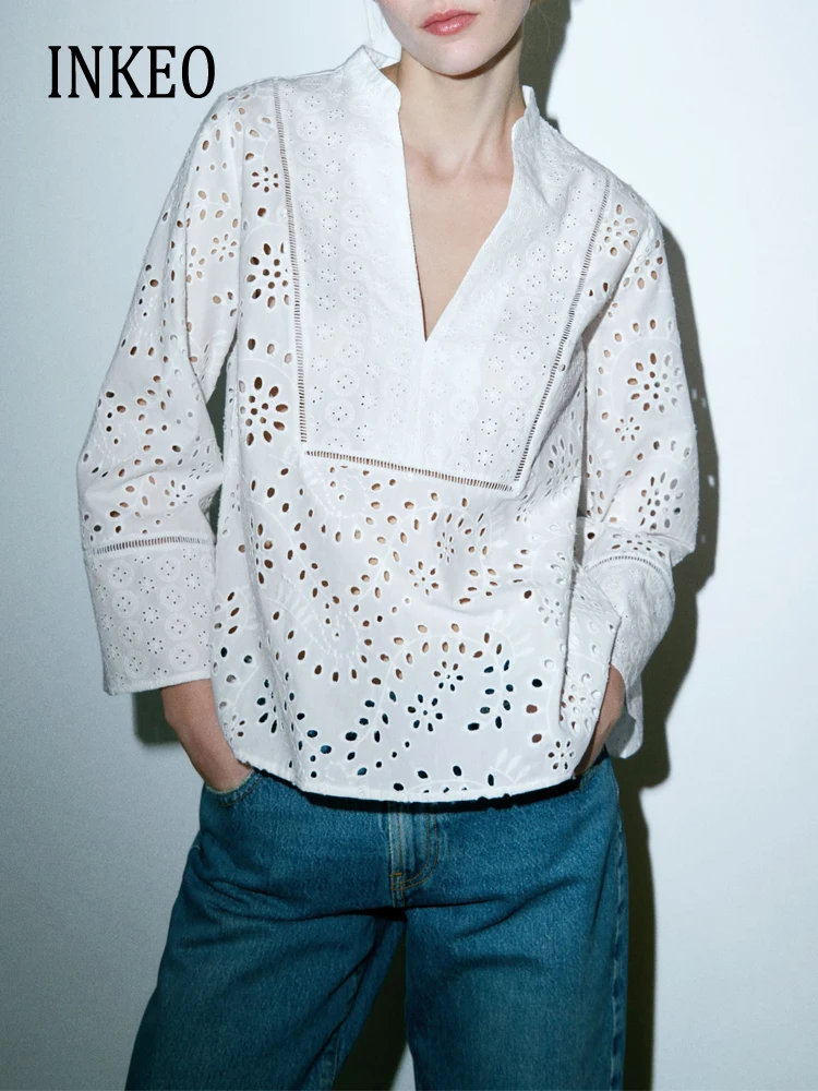 

Роскошная женская кружевная рубашка с V-образным вырезом, свободная белая летняя блузка с длинным рукавом и вышивкой, базовые Топы 2023, Женская шикарная блузка INKEO 3T069