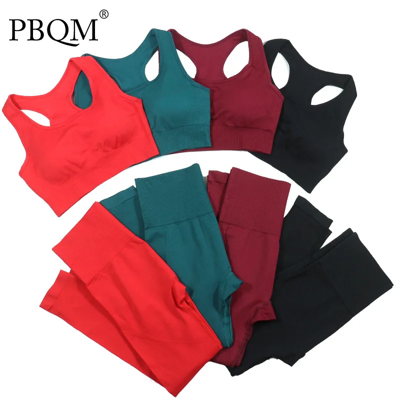 

PBQM Fitness Legging Clothes Seamless Knitted Womens Sports Bra Sport Suit Clothing Training Yoga Clothes Hip Tight Pants Set