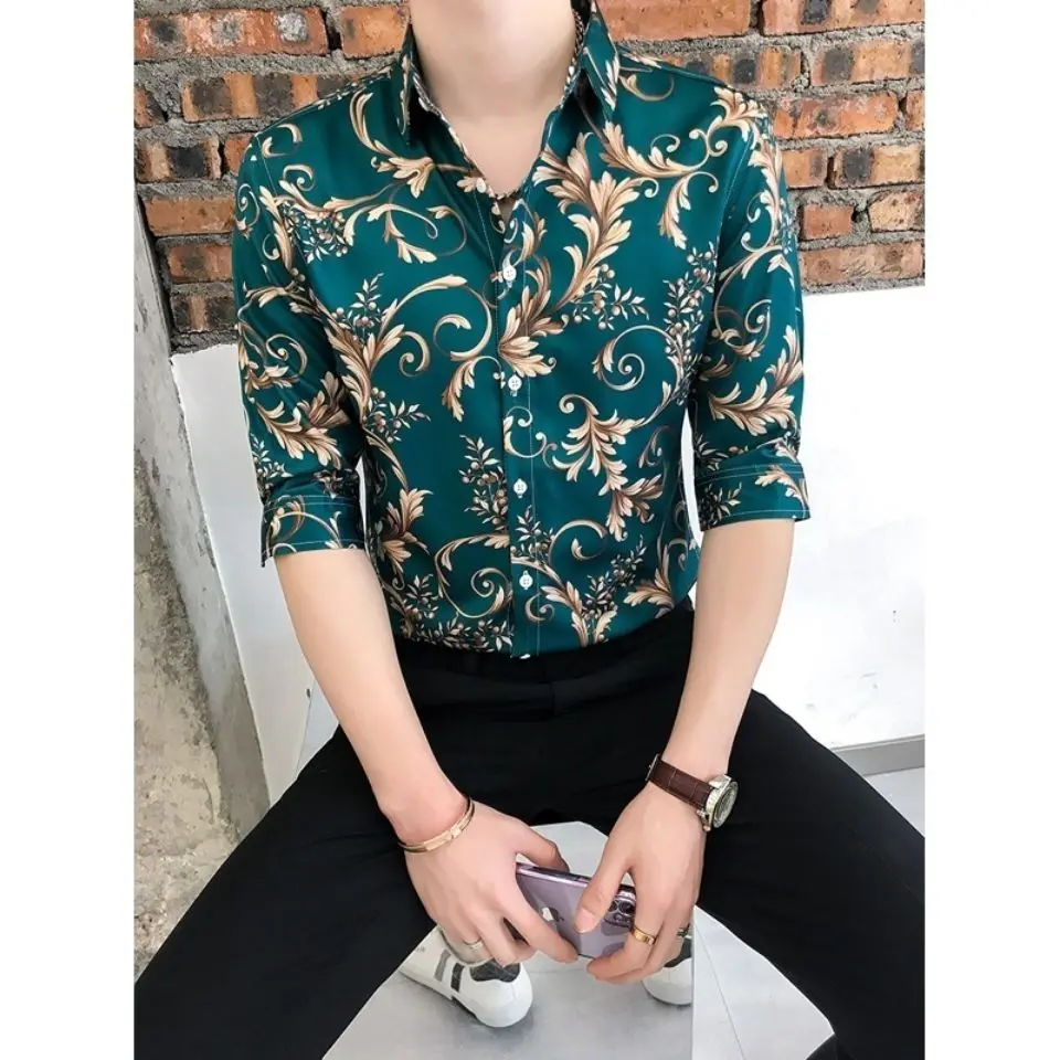 Summer Printed Shirt Men's Floral Short Sleeve Shirt Slim Fit Korean Version Trend Handsome Personality Half Sleeve Shirt