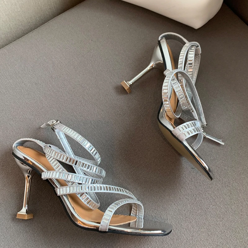 

Big Size Sandals For Women Crystal Ankle Strap Elegant Female Casual Outside Luxury Rhinestones Ladies Pumps Shoe 8CM High Heels
