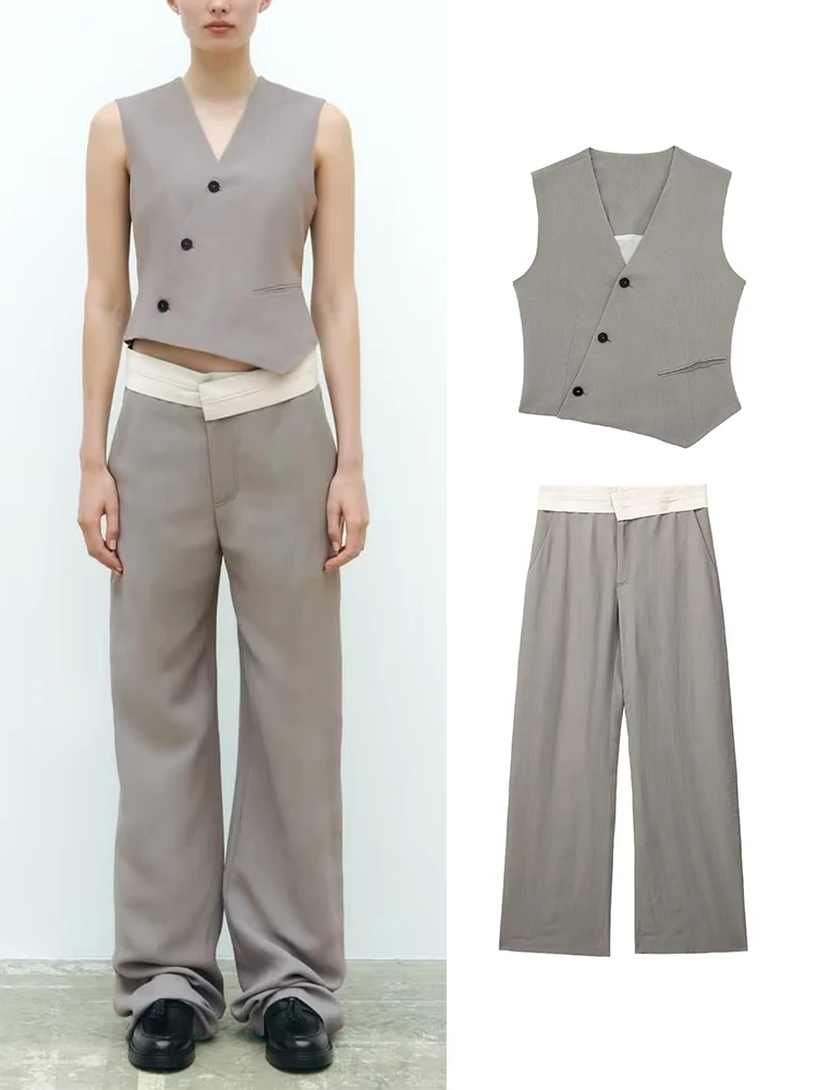 

Женский офисный костюм из двух предметов, жилет с асимметричным дизайном и прямые брюки, комплект из двух предметов, лето 2023