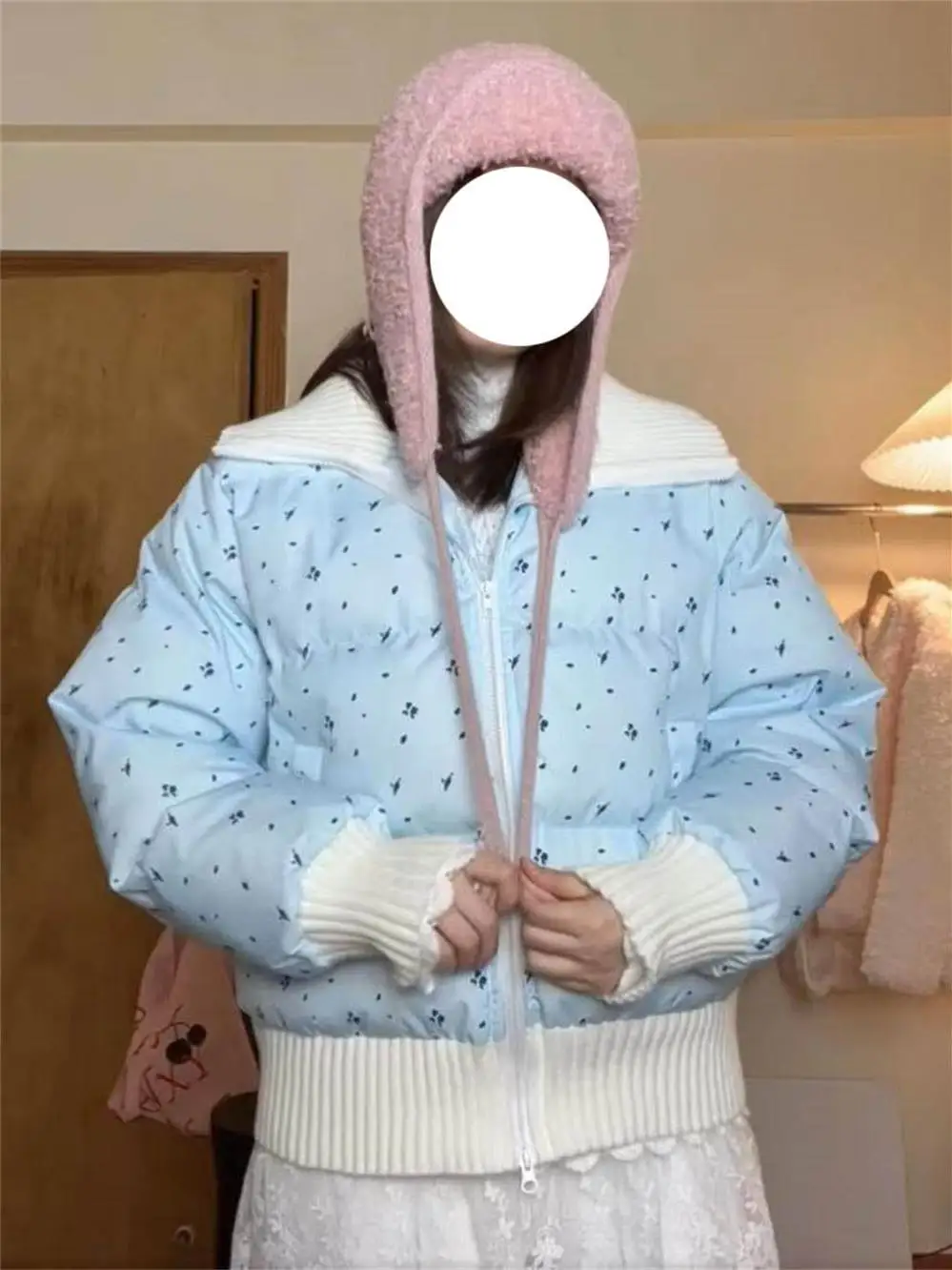 Sweet Preppy Small Floral Cotton-Padded Jacket for Women Winter Gentle Sle Milk Blue Patchwork Large Lapel Thickened Cotton... |