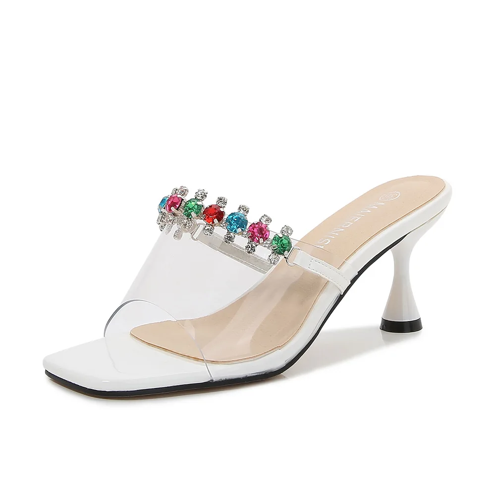 

Женские шлепанцы на высоком каблуке, прозрачные вечерние повседневные сандалии с цепочкой и кристаллами на тонком каблуке, обувь